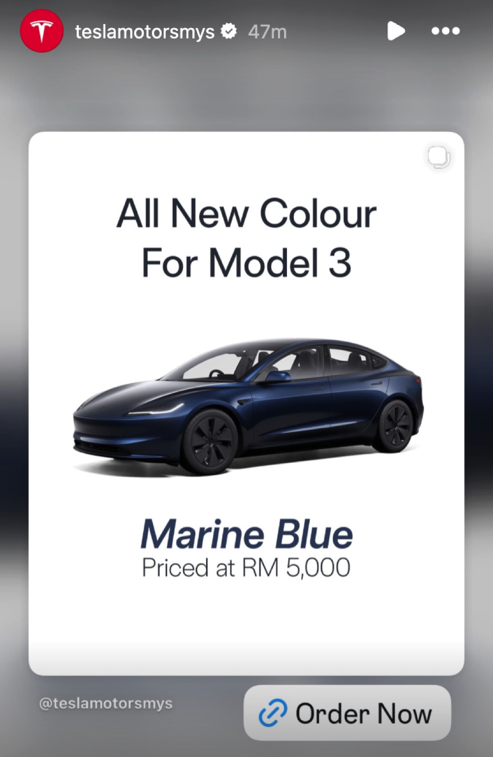 Tesla Model 3 增Marine Blue 车色，售价RM 5,000！